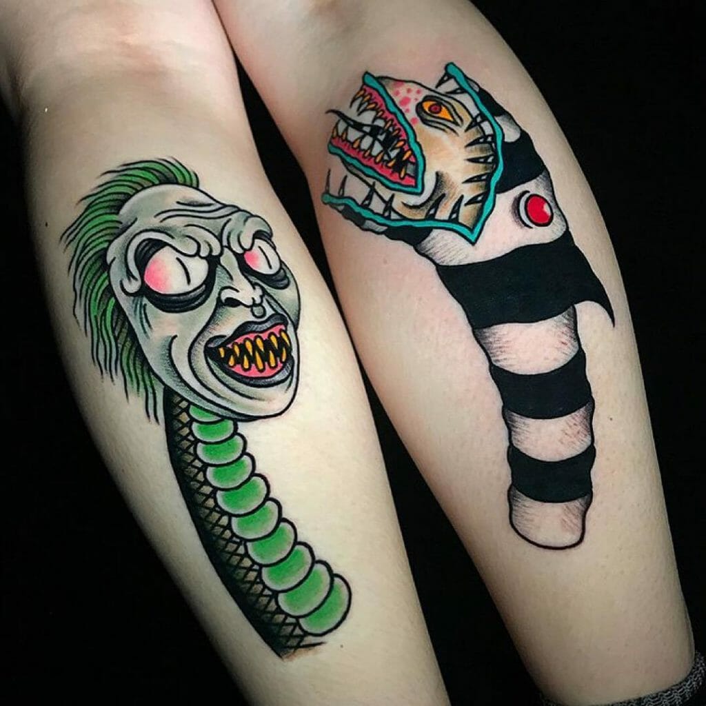 Sickening Beetlejuice Snake Tattoo and Sandworm Matching Tim Burton Leg Tat...