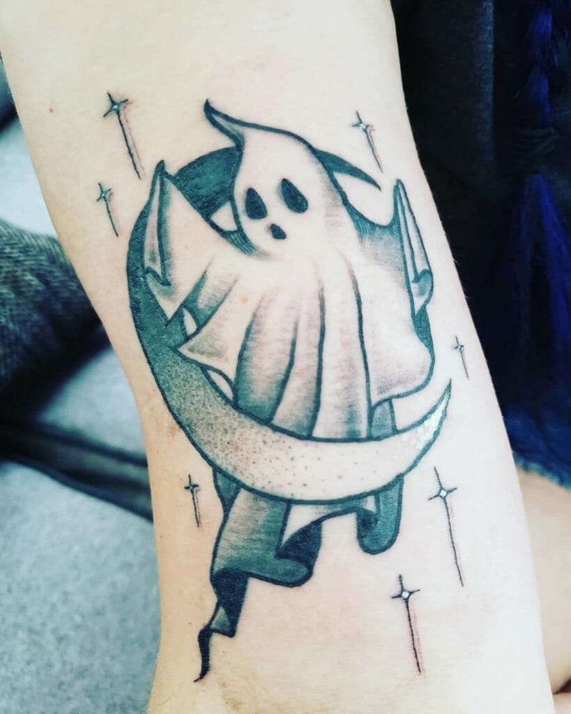 Simple Ghost and Moon Halloween Tattoo Idea