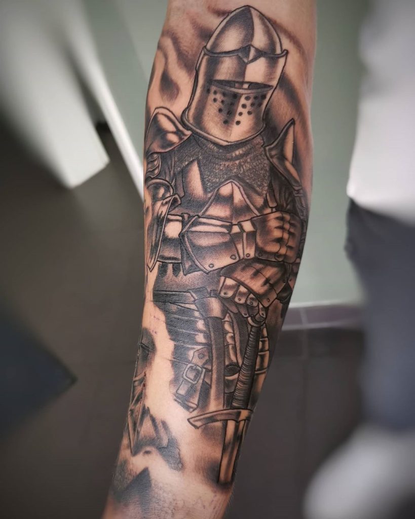 Simplistic Knight Tattoo Forearm Placement Grayscale Knight Tattoos
