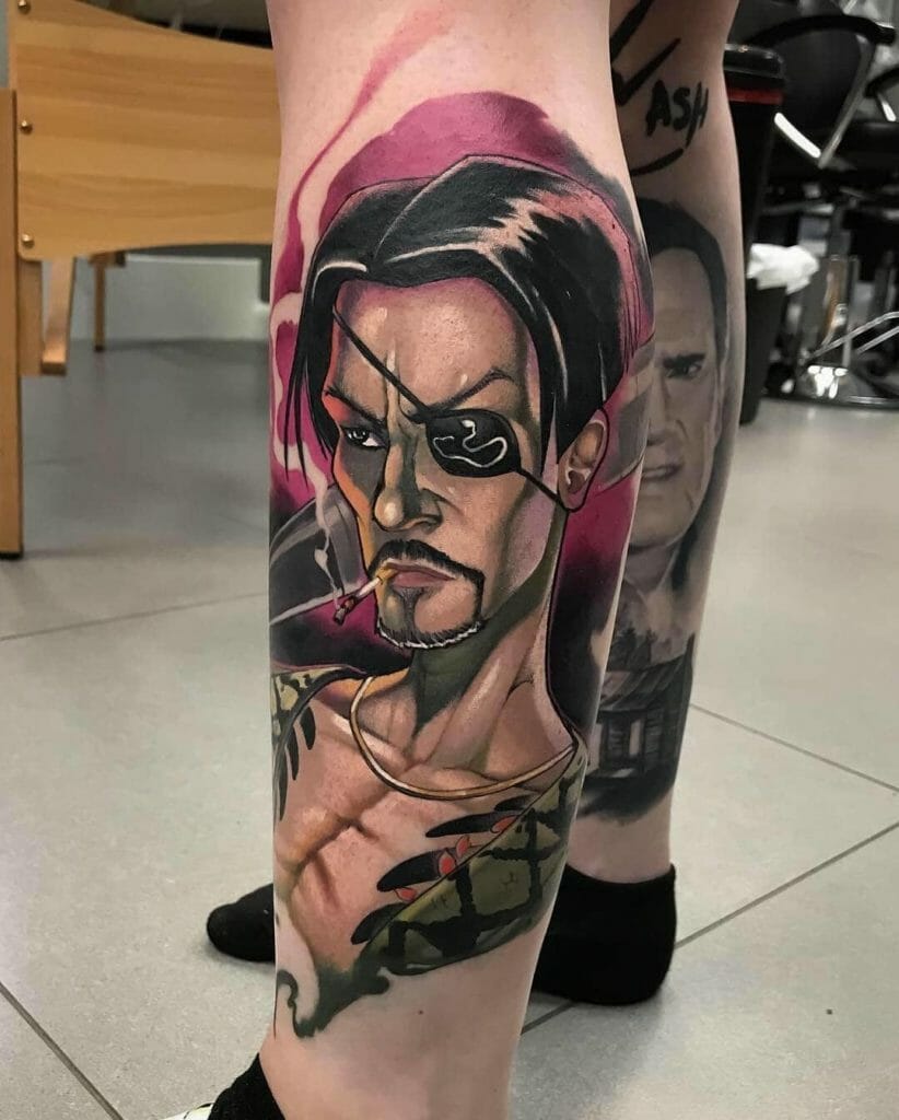 Stylized Goro Majima Yakuza Leg Tattoo