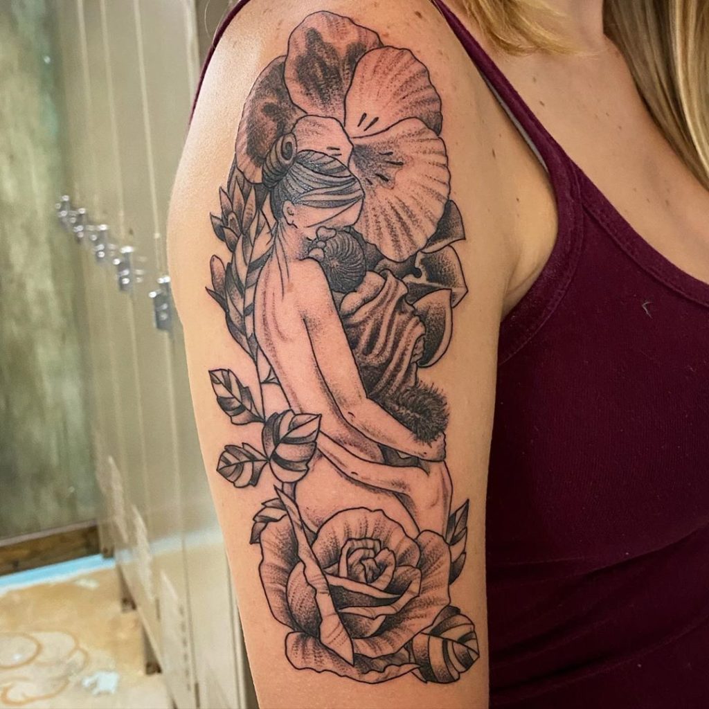 Touching Mother And Children With Rose Flower And Violet Tattoo
