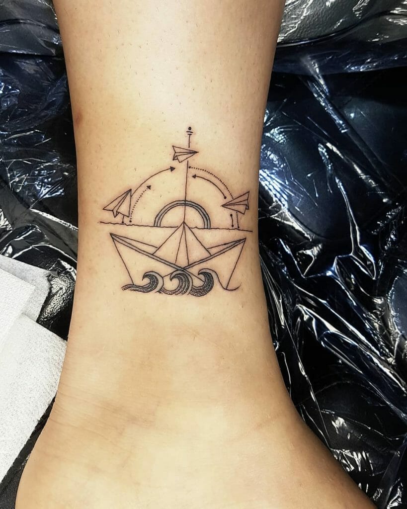 Unique Black Line Work Paper Sailing Ship and Airplane Tattoo