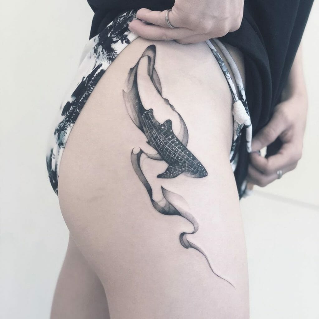 Unique Black and White Ink Whale Shark Amazing Smoke Tattoo Designs