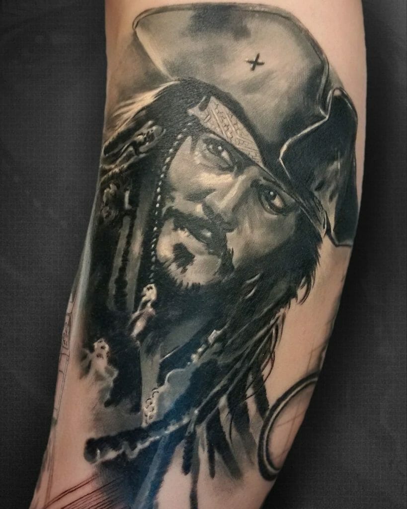 Watercolor Black Ink Wash Captain Jack Sparrow Tattoo