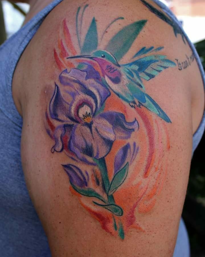 Watercolor Hummingbird and Iris Tattoo