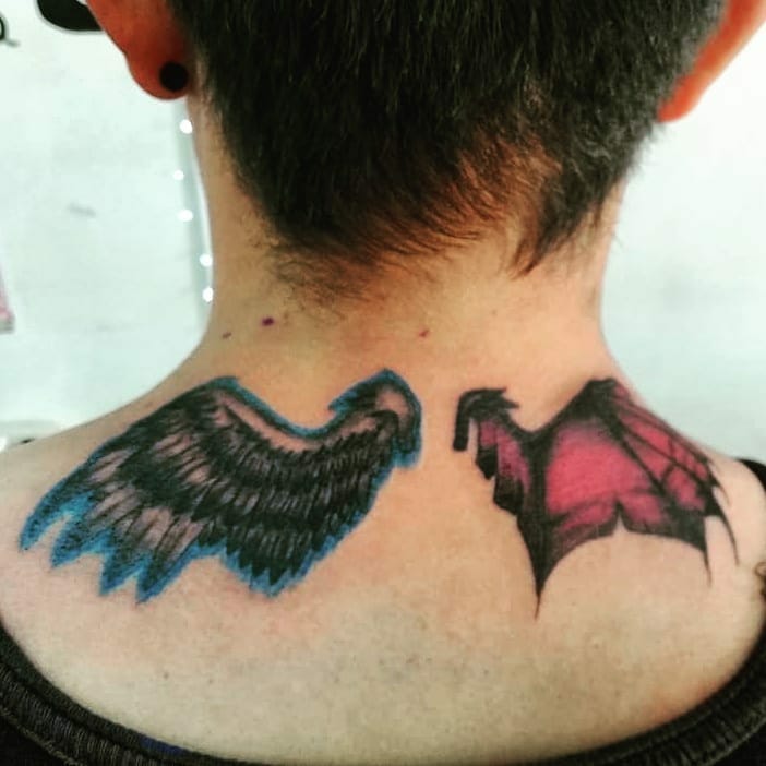 White Angel Wing and Red Wing Demon Back Tattoo