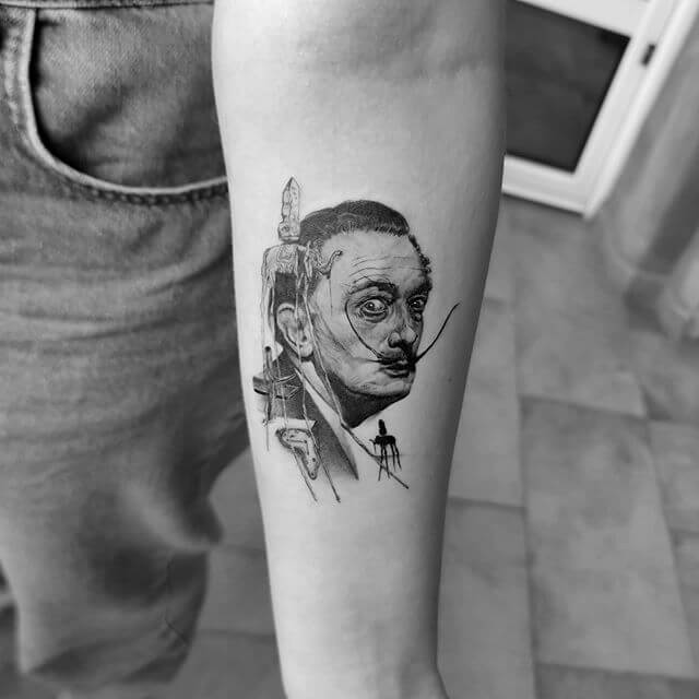 Salvador Dali Black And White Ink Portrait King Of Surrealism Tattoo