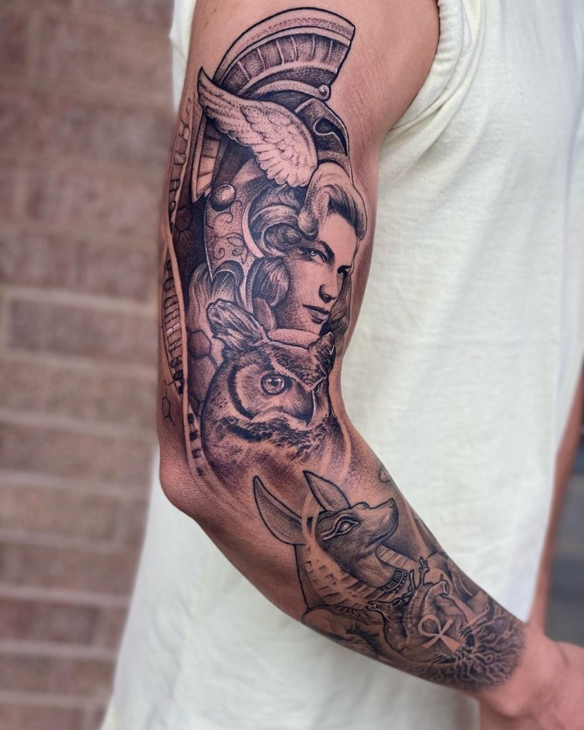 Arm Goddess Athena Black Tattoo With Detailed Lines