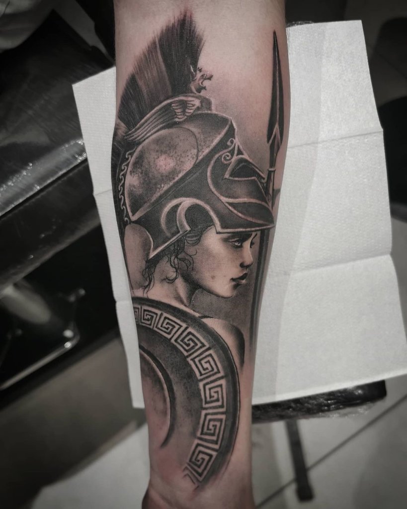 Black And White Greek Goddess Tattoo Over Forearm