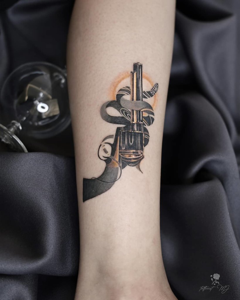 Black Pistol Forearm Tattoo Ideas Korean Design