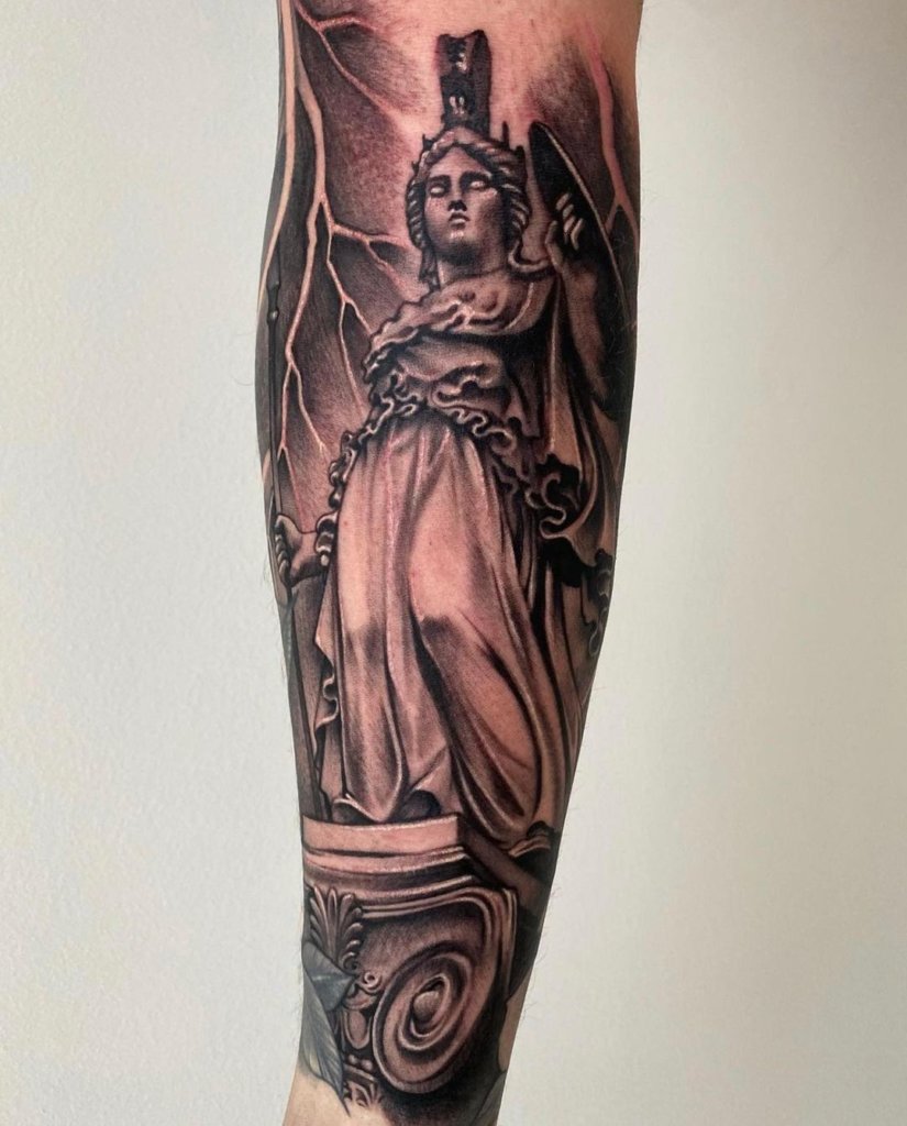 Black Statue Inspired Tattoo Of Goddess Athena