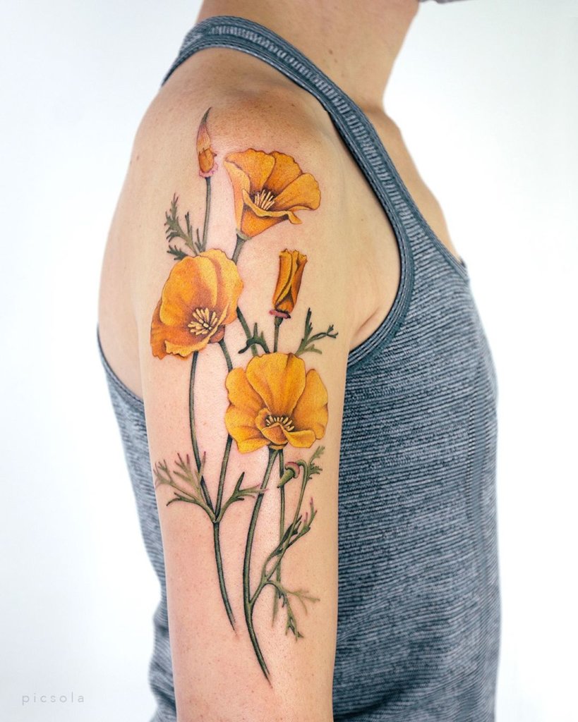 California Poppy Tattoo Arm And Shoulder Tattoo