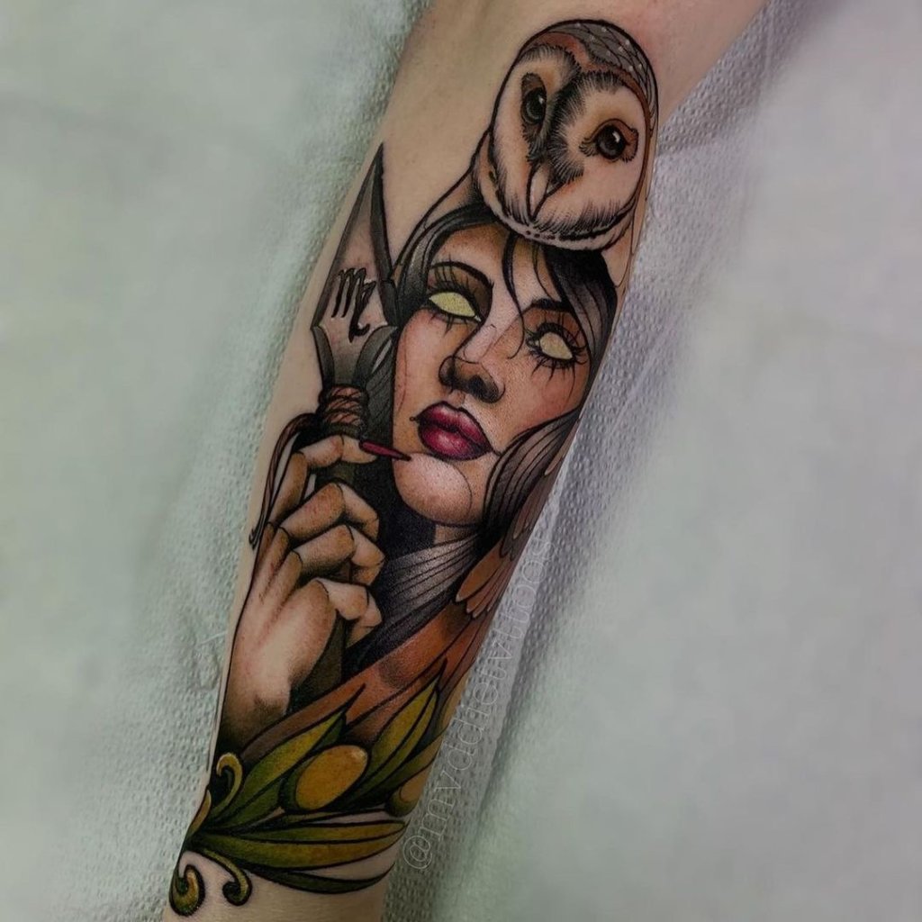 Colorful Athena Tattoo With An Owl