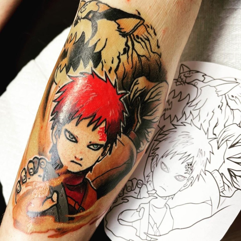 Colorful Yellow And Red Gaara Tattoo On Forearm