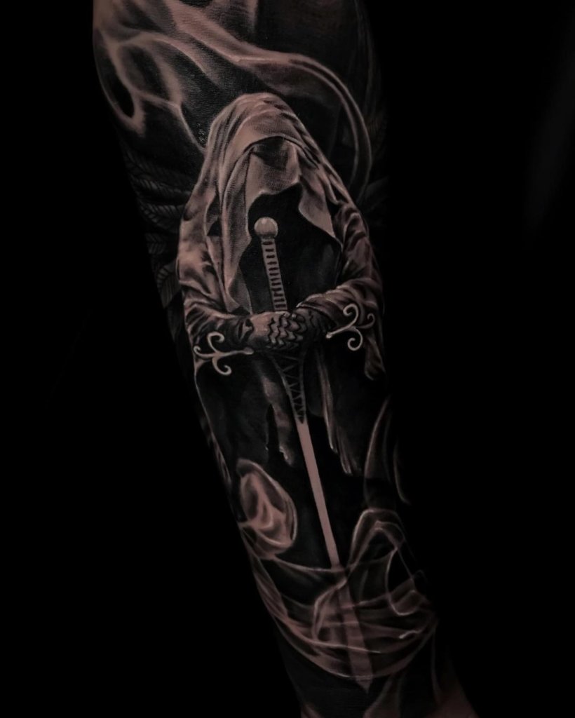 Detailed And Dramatic Angel Tattoo For Arm
