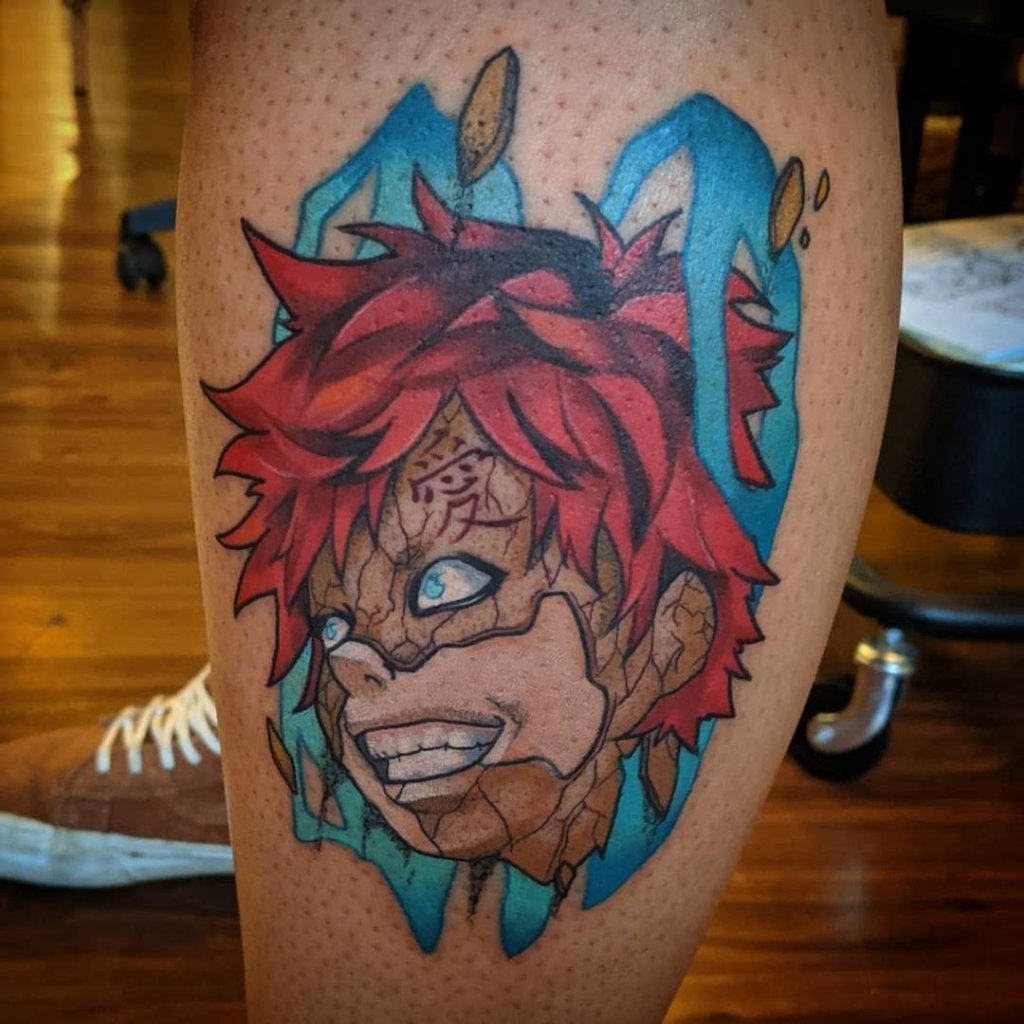 Detailed Gaara Tattoo On Leg With Colorful Symbols