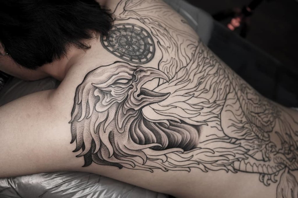 Detailed Griffin Tattoo Over Back