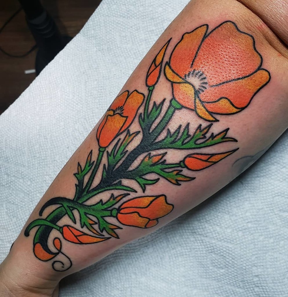 Dramatic Colorful California Poppy Flower Tattoo