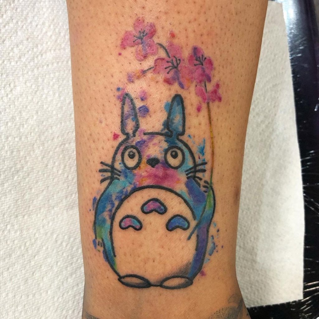 Flower Inspired Colorful Totoro Tattoo On Leg