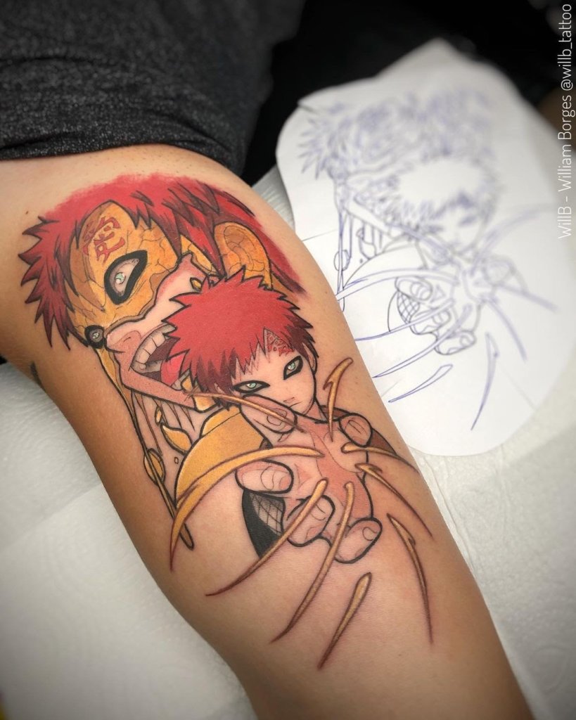 Gaara's tattoo Red Forearm Tattoo With Yellow Symbol Mask