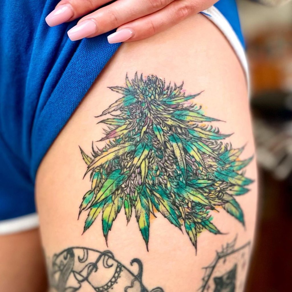 Giant Weed Tattoo In Green Ink