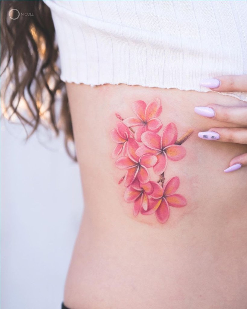 Hawaiian Plumeria Tattoo Pink Design On Stomach