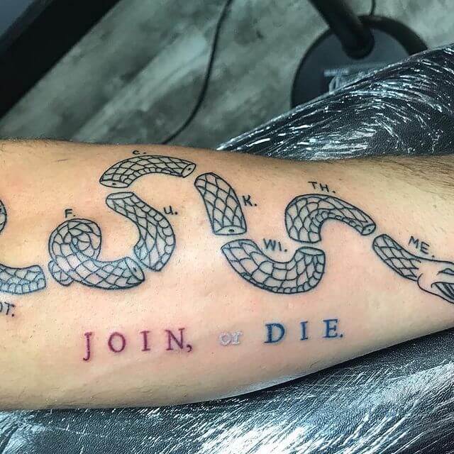 Join Or Die Tattoo Snake Forearm Design