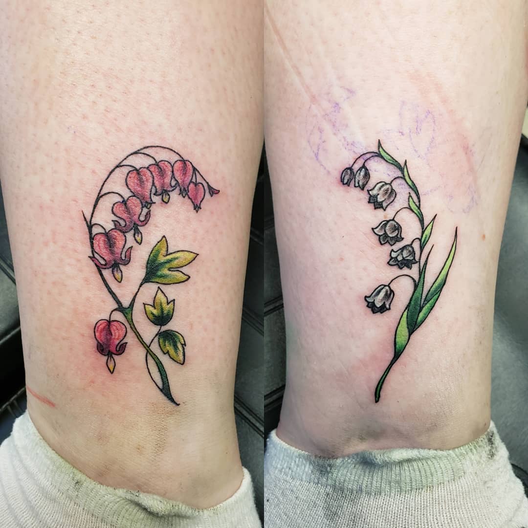 Matching And Colorful Bleeding Heart Flower Tattoo