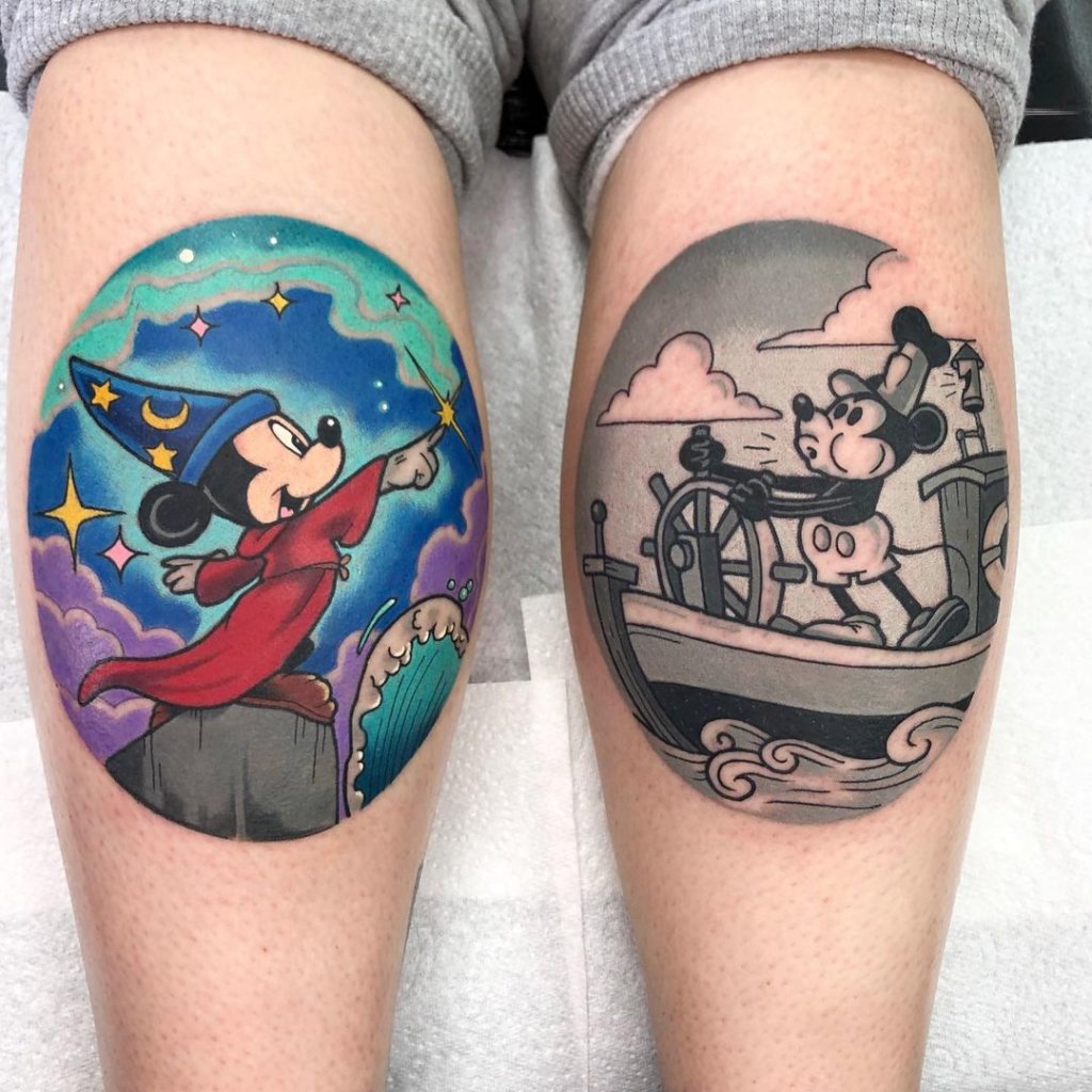 Matching Mickey Mouse Tattoo Over Calf