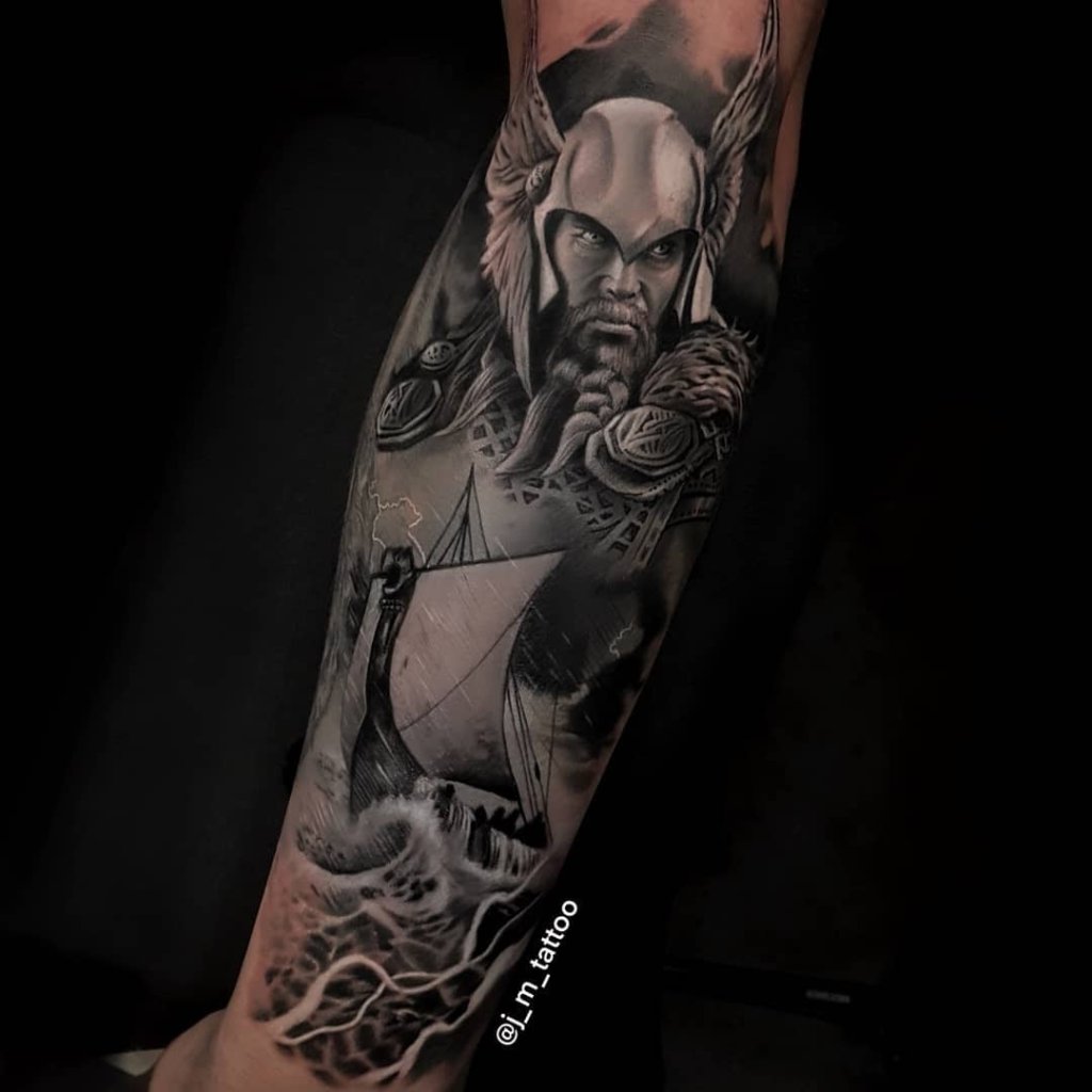 Sleeve Tattoo Black & Grey Mjölnir Tattoo Detailed Ink