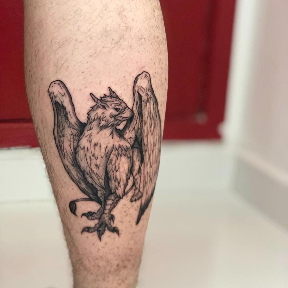 Small Griffin Tattoo Over Calf Outsons