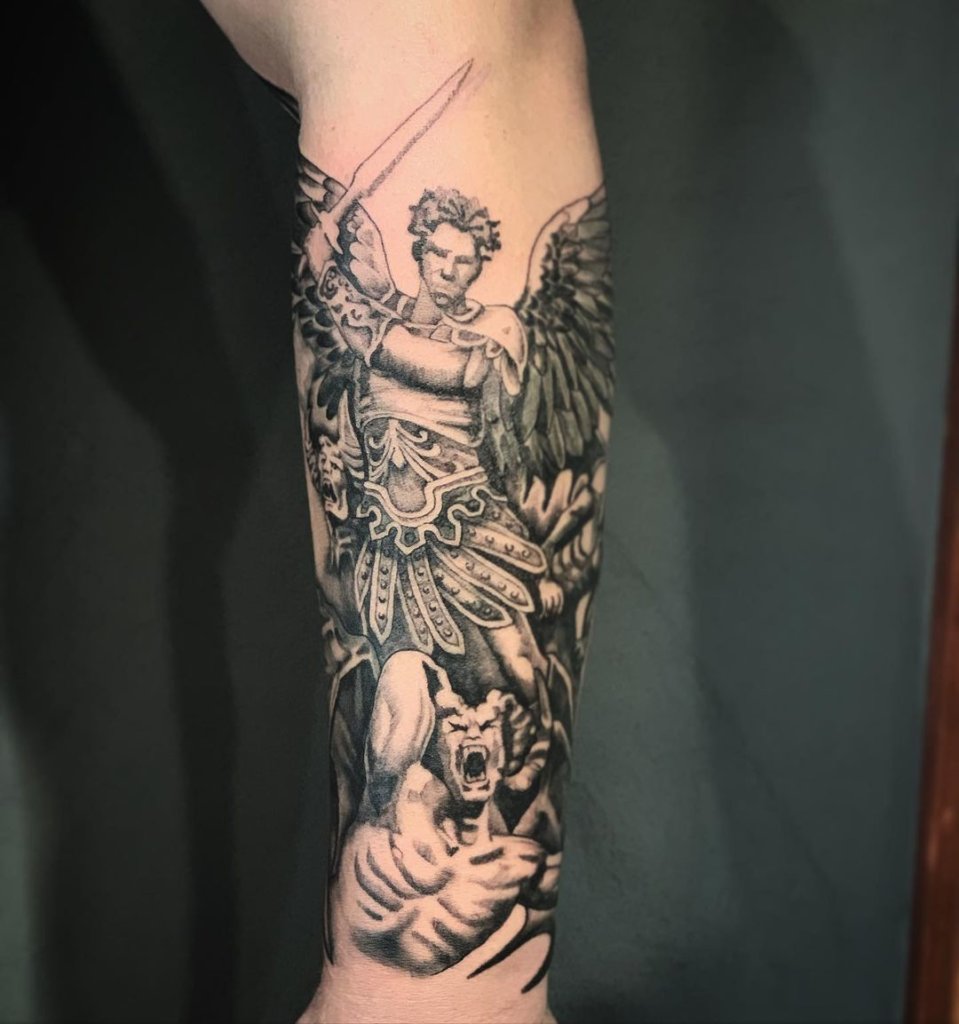 Archangel Fighting With Evil Tattoo