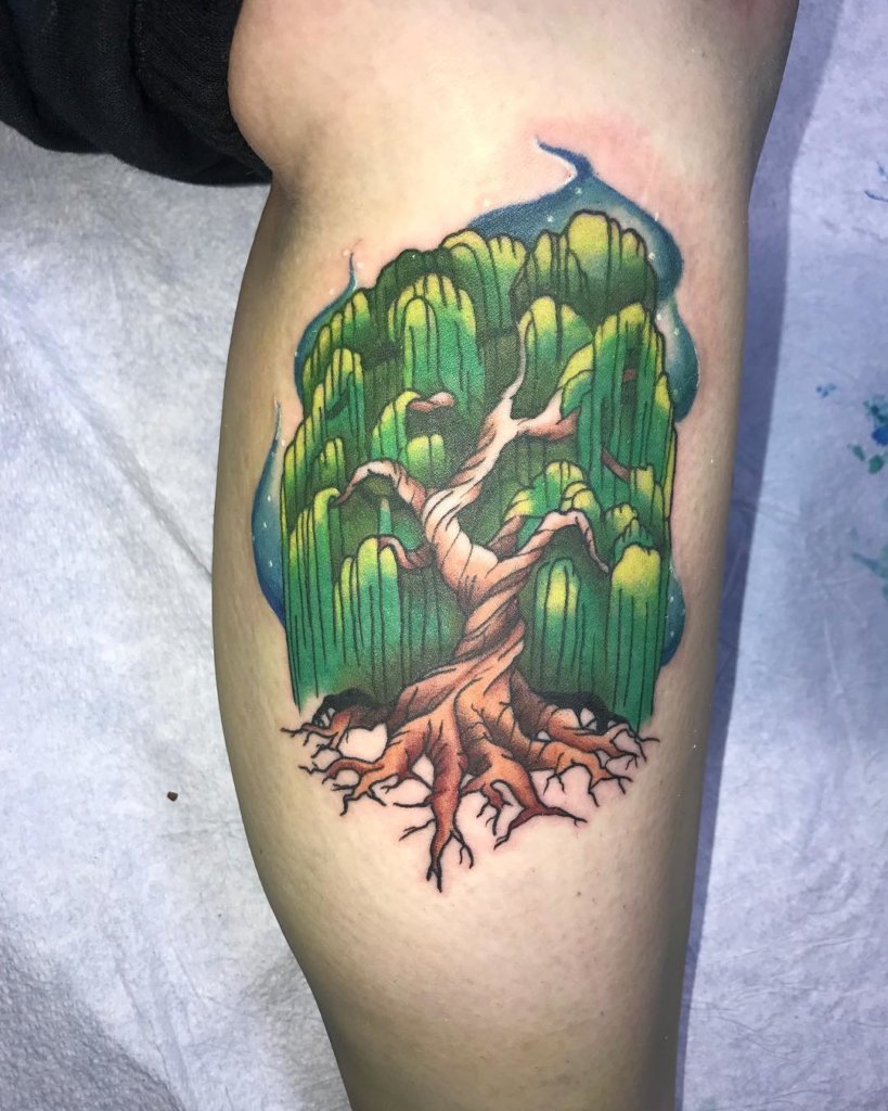 Arm Bright Green Tattoo Willow Tree