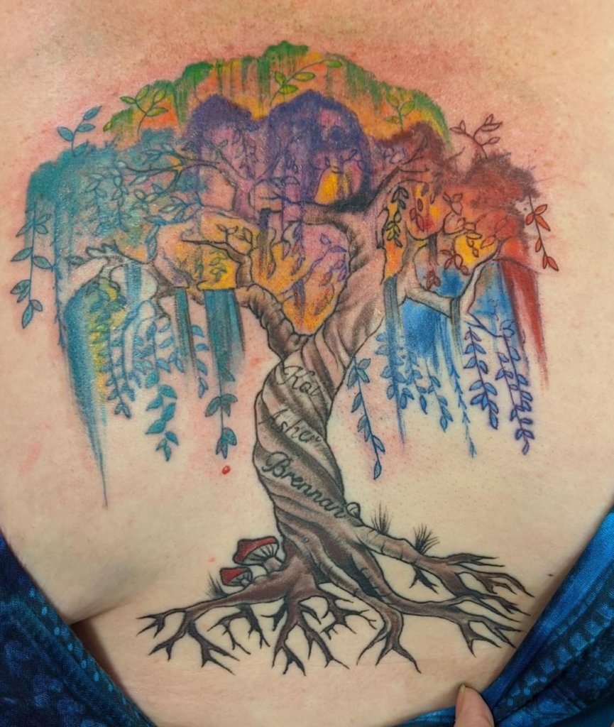Artsy & Colorful Weeping Willow Tree Image Over Chest