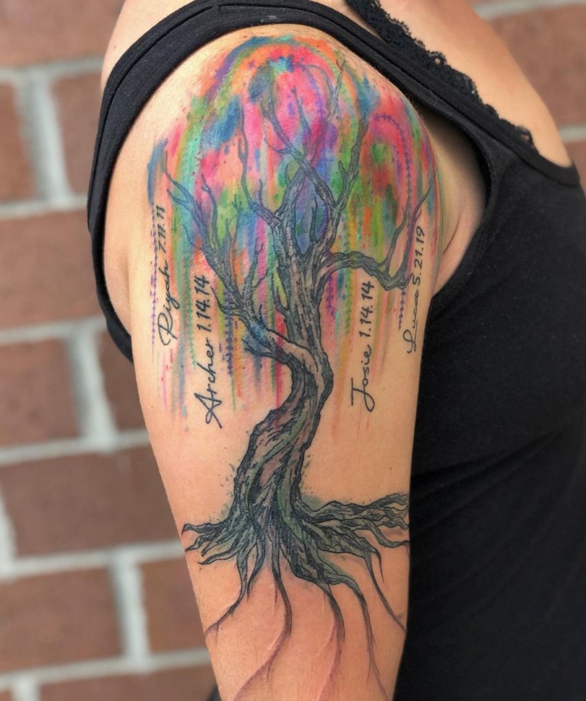 Artsy & Colorful Weeping Willow Tree Tattoo On Shoulder