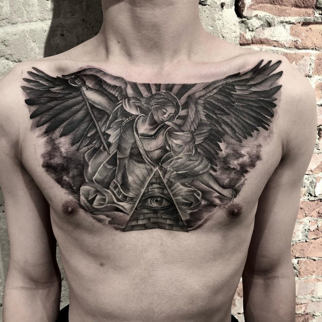 Chest Archangel Black Piece Tattoo