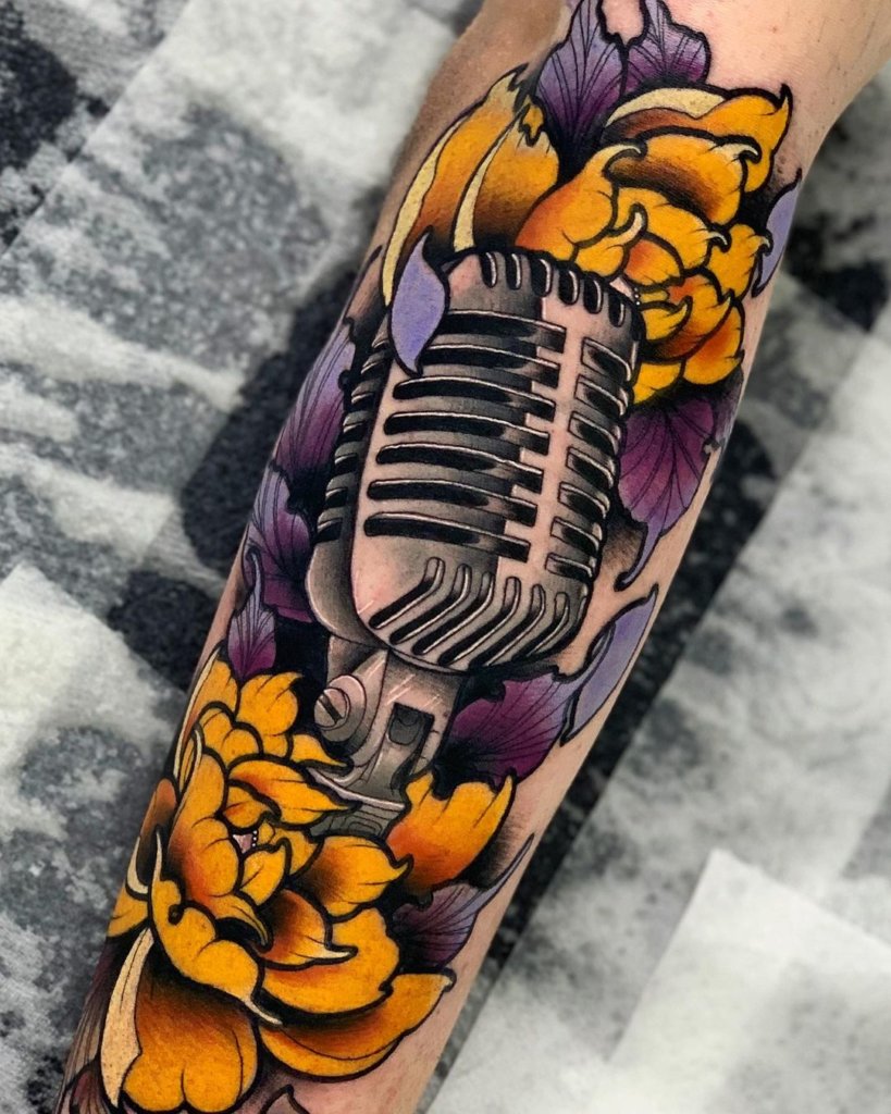 Colorful Old School Microphone Tattoo
