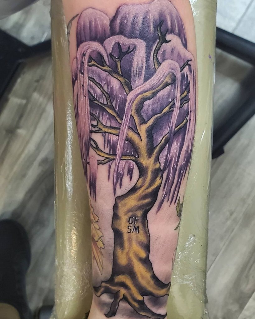 Colorful Purple Weeping Willow Tattoo Ink