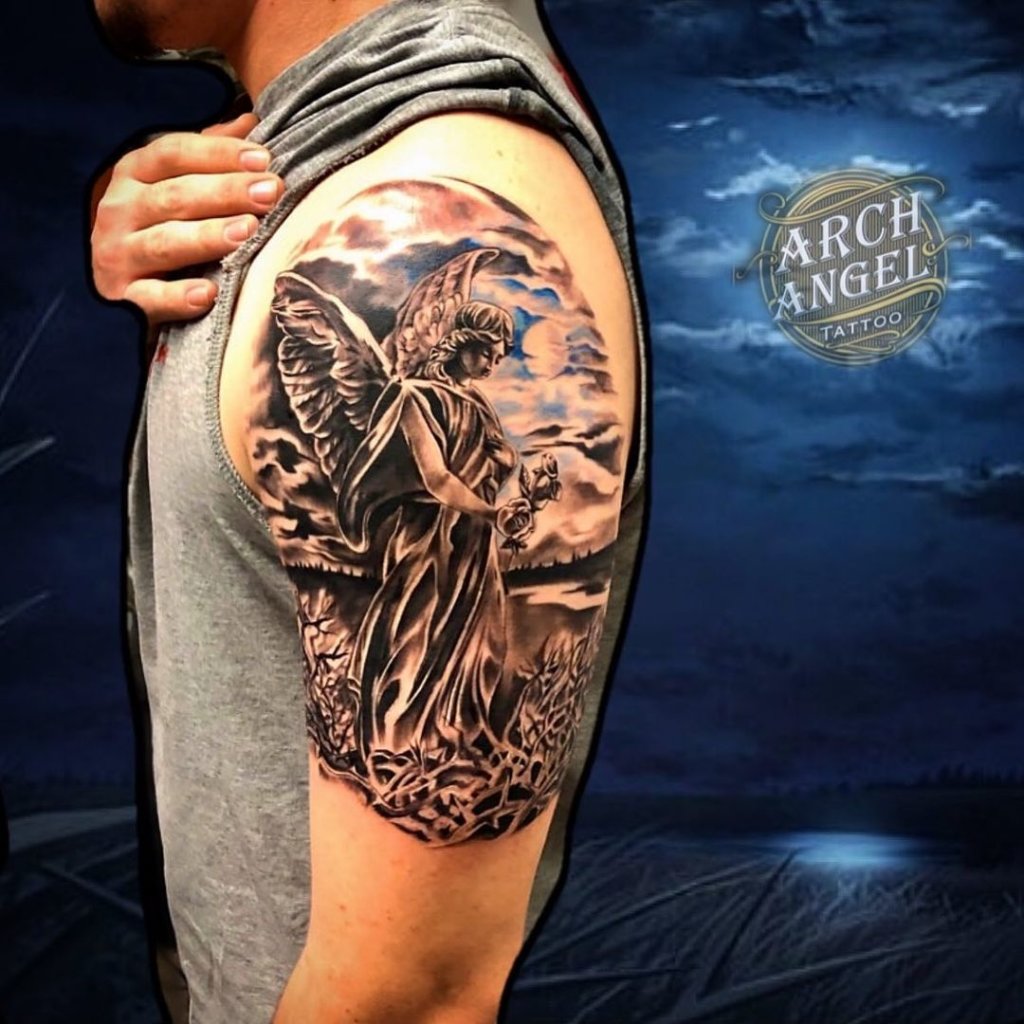 Giant Archangel Tattoo Over Shoulder