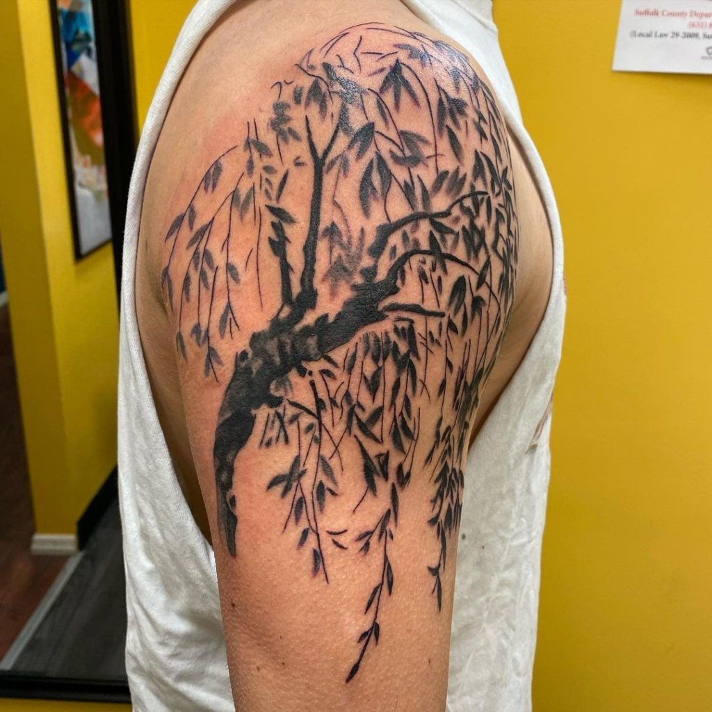 Large & Black Weeping Willow Tree Shoulder Tattoo