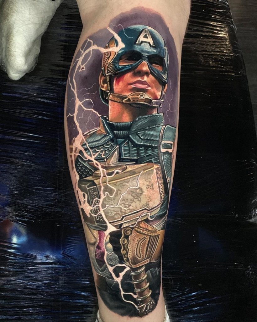 Large & Detailed Leg Captain America Tattoo