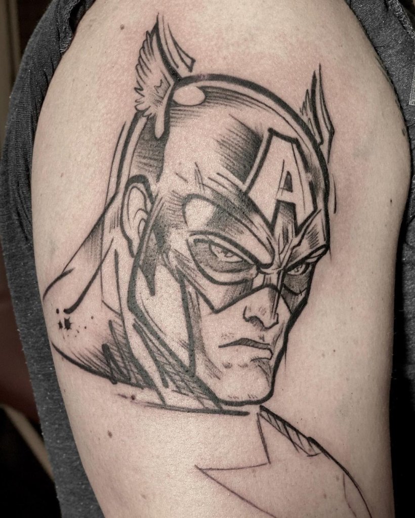 Large Shoulder Captain America Tattoo Black And White