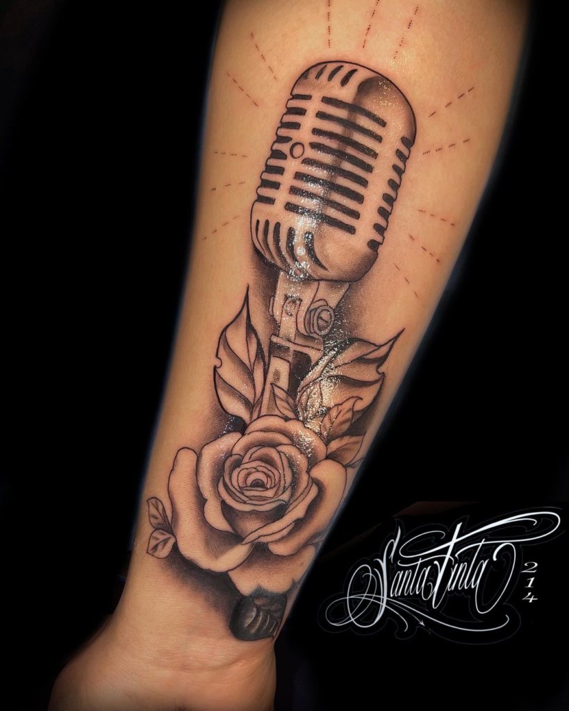 Realistic Flower & Old Microphone Tattoo