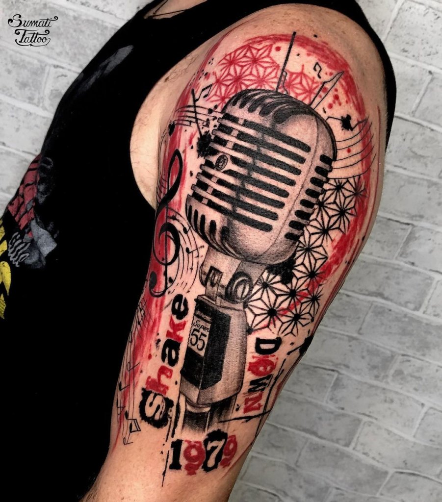 Red & Black Microphone Sleeve Tattoo