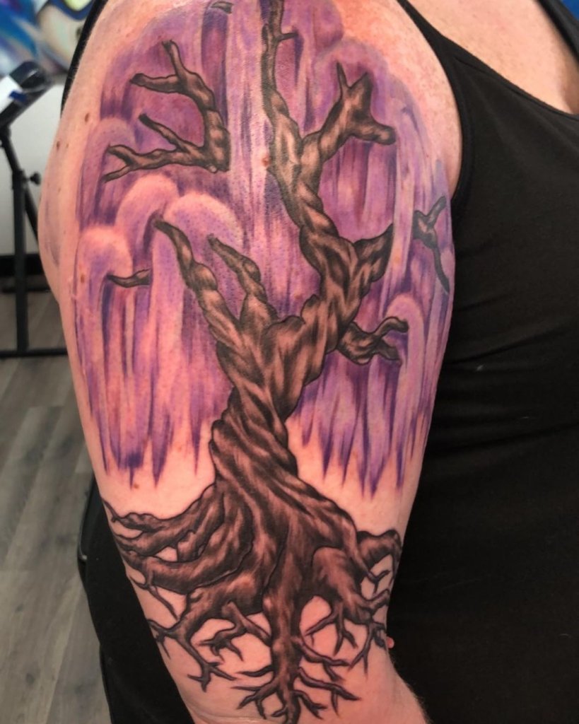 Shoulder Art Pink Weeping Willow Tree Tattoo