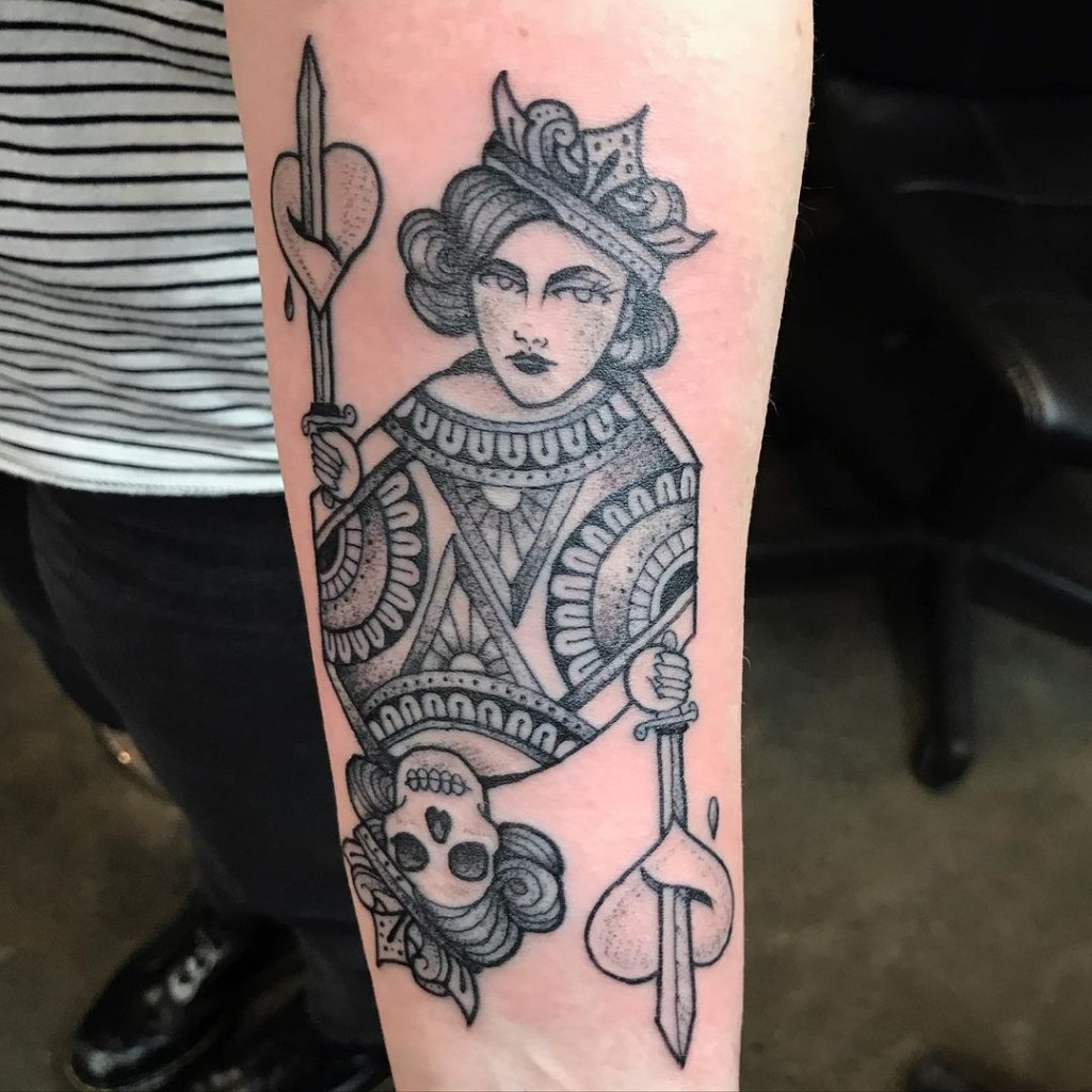 Arm Black Queen Of Hearts Tattoos