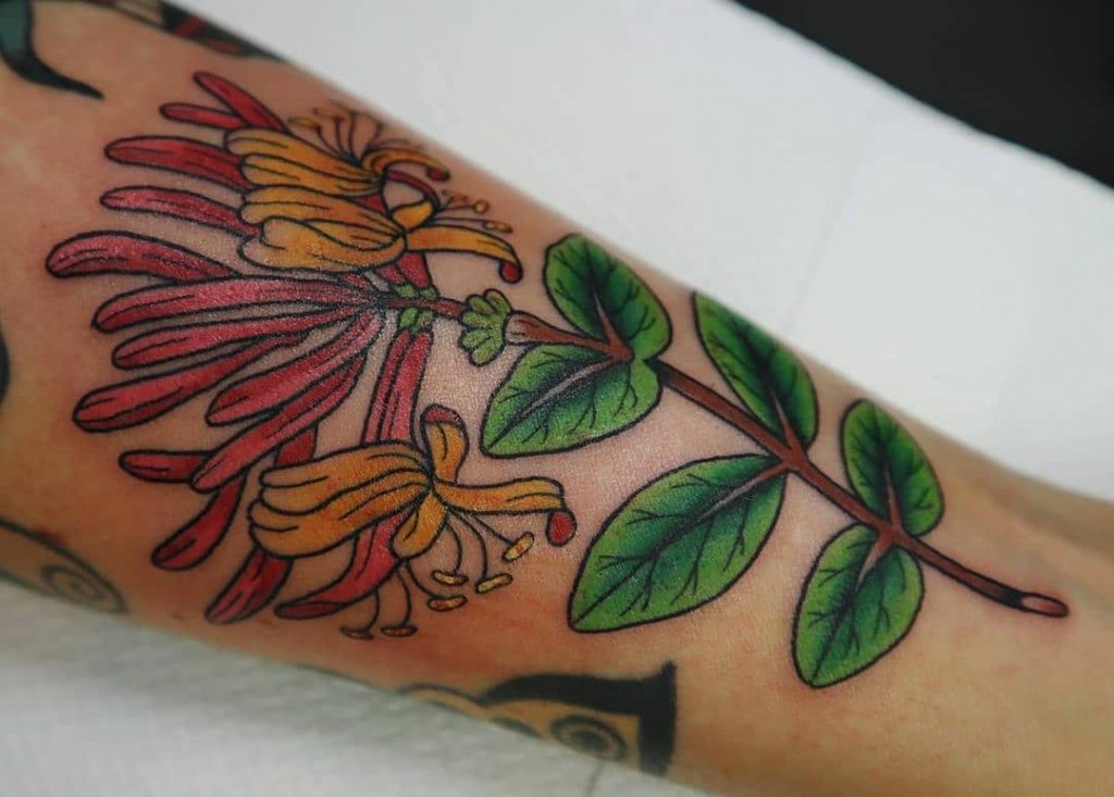 Artsy & Colorful Honeysuckle Tattoo