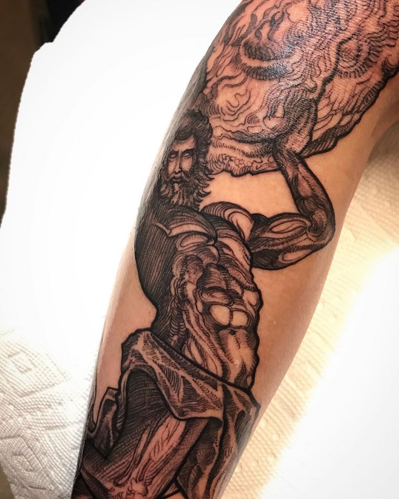 Black Detailed Sisyphus Tattoo Leg Ink