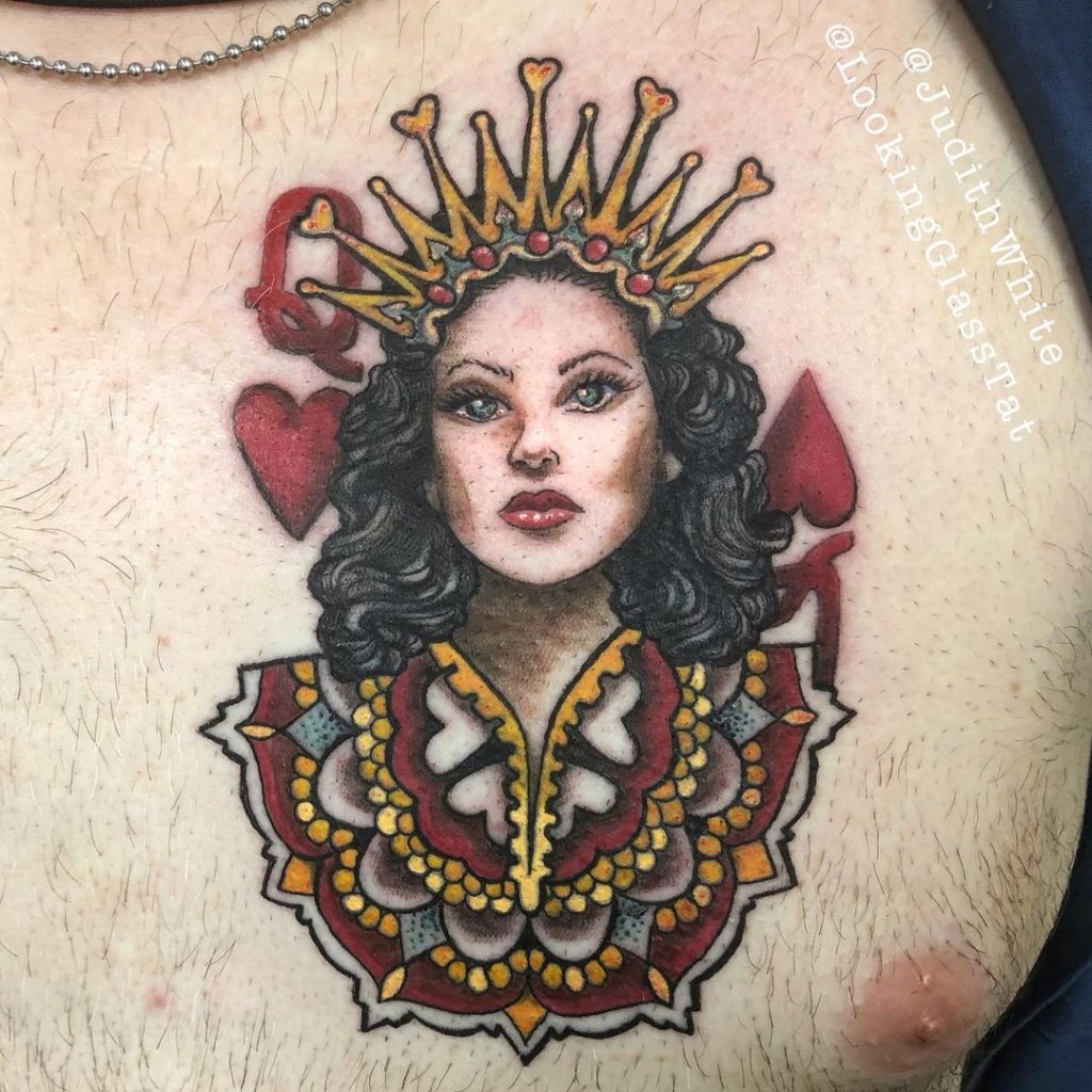Chest Piece Feminine Queen Of Hearts Tattoo
