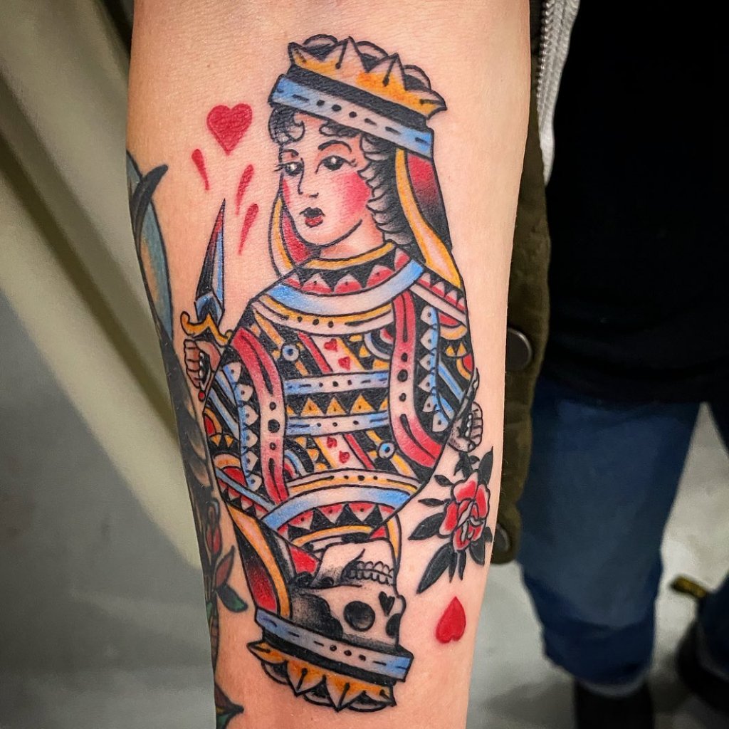 Colorful Queen Of Hearts Tattoo
